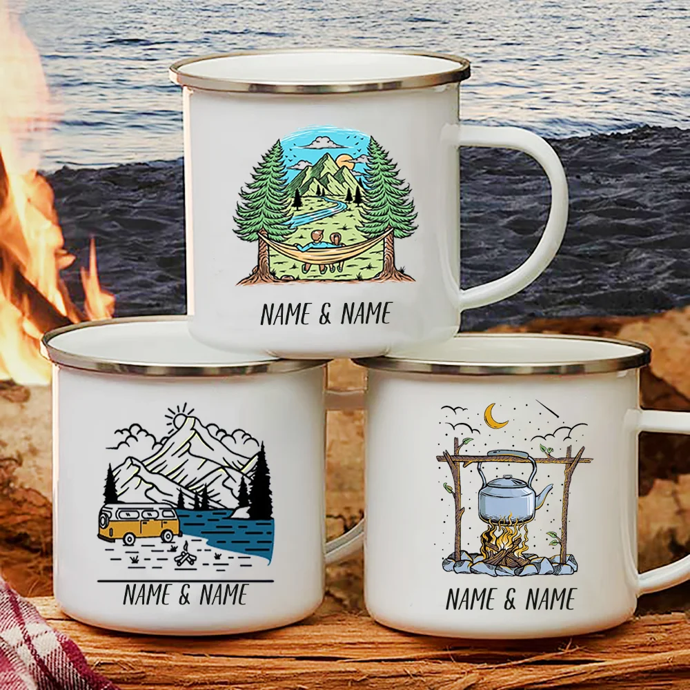 Outdoor Adventure Names - 캠핑카를 위한 개인화된 이름의 에나멜 머그,